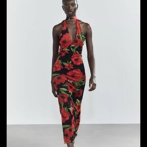 Zara Floral Print Tulle Scarf Dress red / black